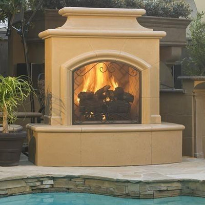 American Fyre Designs 073-01-N-CB-LUC 67 Inch Vented Free-Standing Outdoor Mariposa Fireplace, 16 Inch Radiused Bullnose, No Recess, Cafe Blanco, Key Value on the LEFT/Gas
