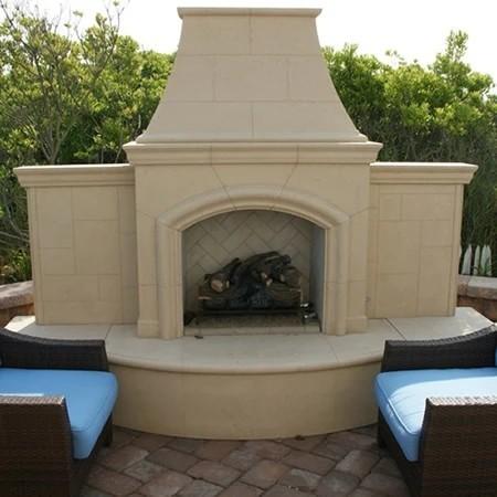 American Fyre Designs 118-05-H-CB-RUC 87 Inch Vent-Free Free-Standing Outdoor Grand Phoenix Fireplace with Extended Bullnose Hearth, Hearth Only, Cafe Blanco, Key Value on the RIGHT/Gas