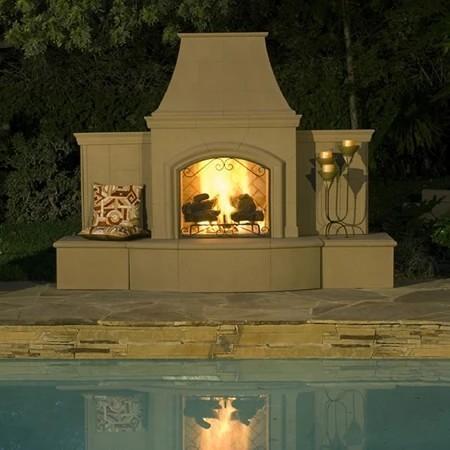 American Fyre Designs 118-05-H-CB-RUC 87 Inch Vent-Free Free-Standing Outdoor Grand Phoenix Fireplace with Extended Bullnose Hearth, Hearth Only, Cafe Blanco, Key Value on the RIGHT/Gas