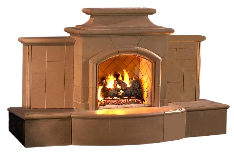 American Fyre Designs 168-05-N-CB-LBC 67 Inch Vent-Free Free-Standing Outdoor Grand Mariposa Fireplace with Extended Bullnose Hearth, No Recess, Cafe Blanco, Key Value on the LEFT/Gas