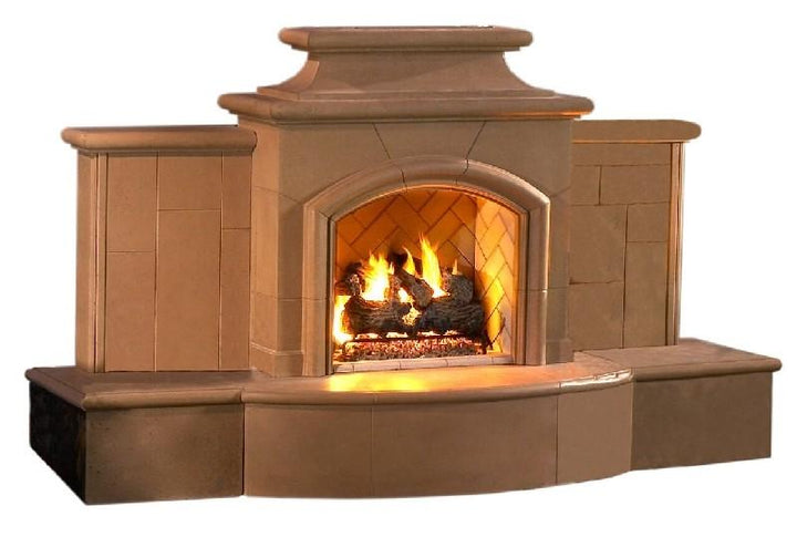 American Fyre Designs 168-05-N-CB-LUC 67 Inch Vent-Free Free-Standing Outdoor Grand Mariposa Fireplace with Extended Bullnose Hearth, No Recess, Cafe Blanco, Key Value on the LEFT/Gas