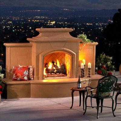 American Fyre Designs 168-05-N-CB-LUC 67 Inch Vent-Free Free-Standing Outdoor Grand Mariposa Fireplace with Extended Bullnose Hearth, No Recess, Cafe Blanco, Key Value on the LEFT/Gas