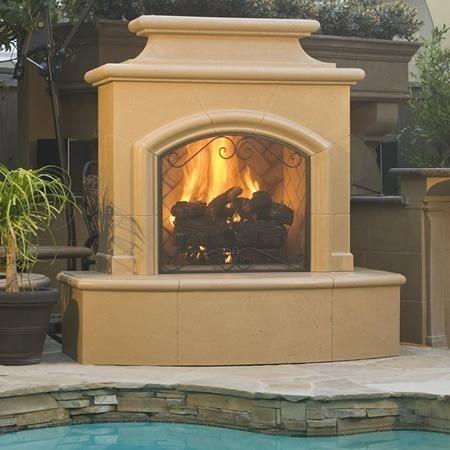 American Fyre Designs 173-01-N-CB-RUC 67 Inch Vent-Free Free-Standing Outdoor Mariposa Fireplace, 16 Inch Radiused Bullnose, No Recess, Cafe Blanco, Key Value on the RIGHT/Gas