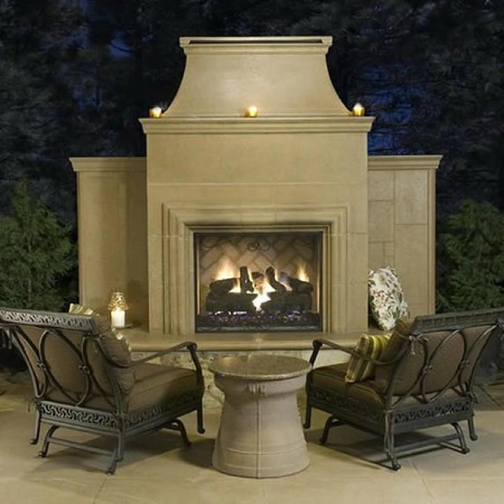American Fyre Designs 182-35-N-CB-LBC 95 Inch Vent-Free Free-Standing Outdoor Grand Cordova Fireplace with Rectangle Extended Bullnose Hearth, No Recess, Cafe Blanco, Key Value on the LEFT/Gas