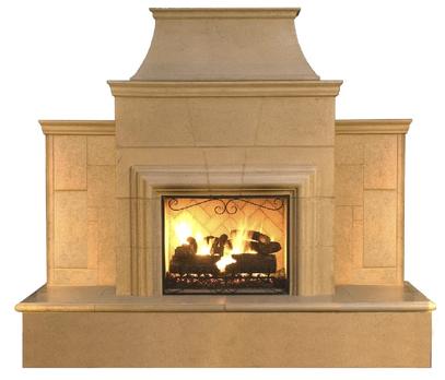 American Fyre Designs 182-35-N-CB-LBC 95 Inch Vent-Free Free-Standing Outdoor Grand Cordova Fireplace with Rectangle Extended Bullnose Hearth, No Recess, Cafe Blanco, Key Value on the LEFT/Gas