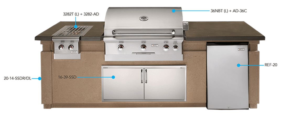 American Outdoor Grill Pre-Fab Island with Refrigerator Cut-out (ID790-CBR-108SM)