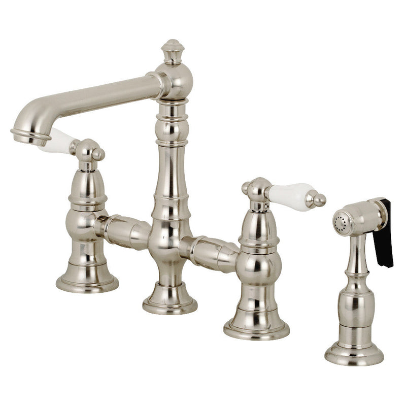 Kingston Brass KS7276PLBS English Country 8" Bridge Kitchen Faucet with Sprayer, Polished Nickel