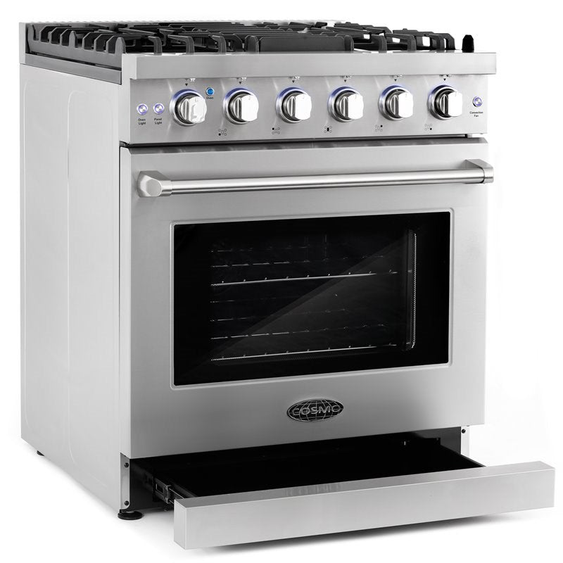Cosmo 30 in. Slide-In Freestanding Gas Range with 5 Sealed Burners, Cast Iron Grates, 4.5 cu. ft. Capacity Convection Oven in Stainless Steel - COS-EPGR304