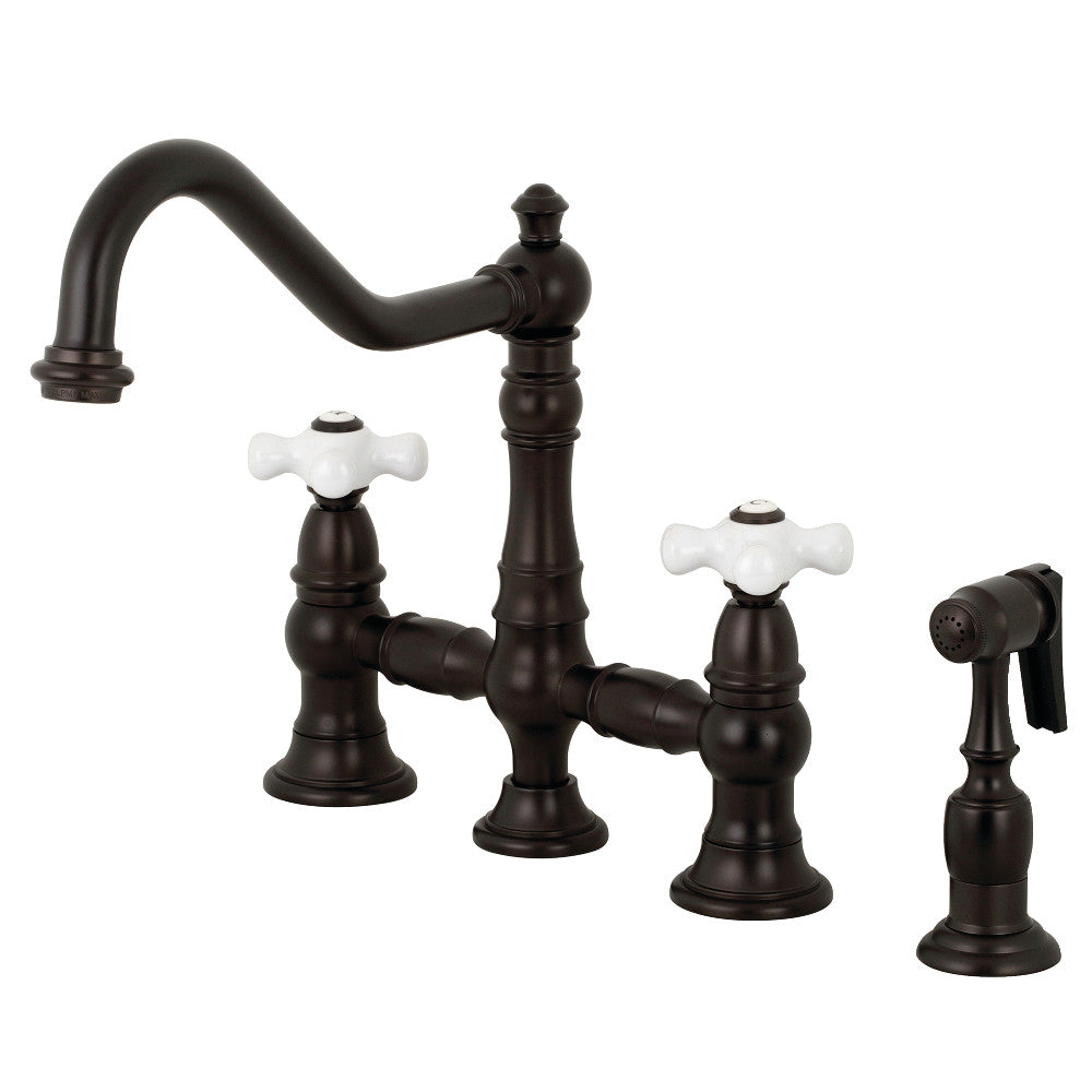 Kingston Brass KS3275PXBS Restoration 8" Bridge Kitchen Faucet with Sprayer, Oil Rubbed Bronze