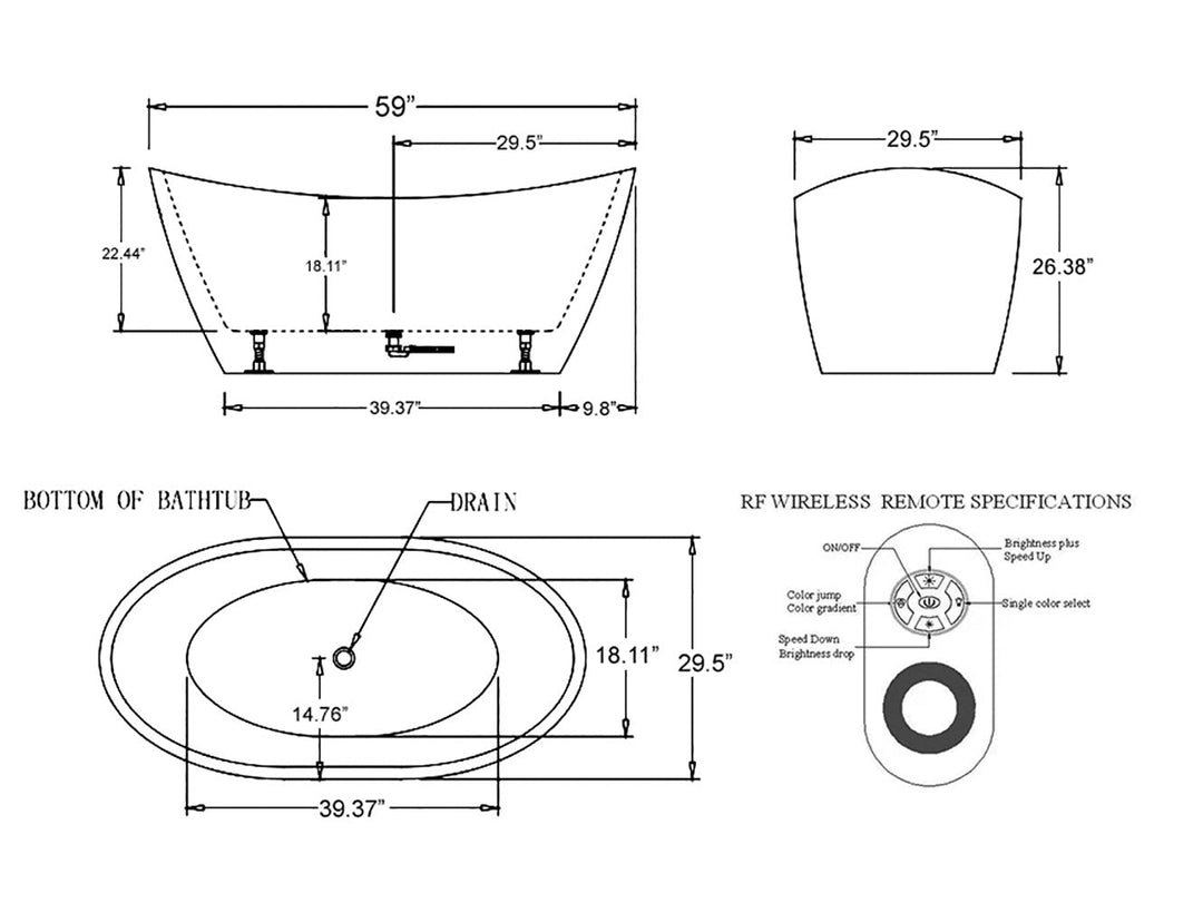 Empava 59 in. Freestanding Soaking Bathtub with Lighted - EMPV-59FT1518LED