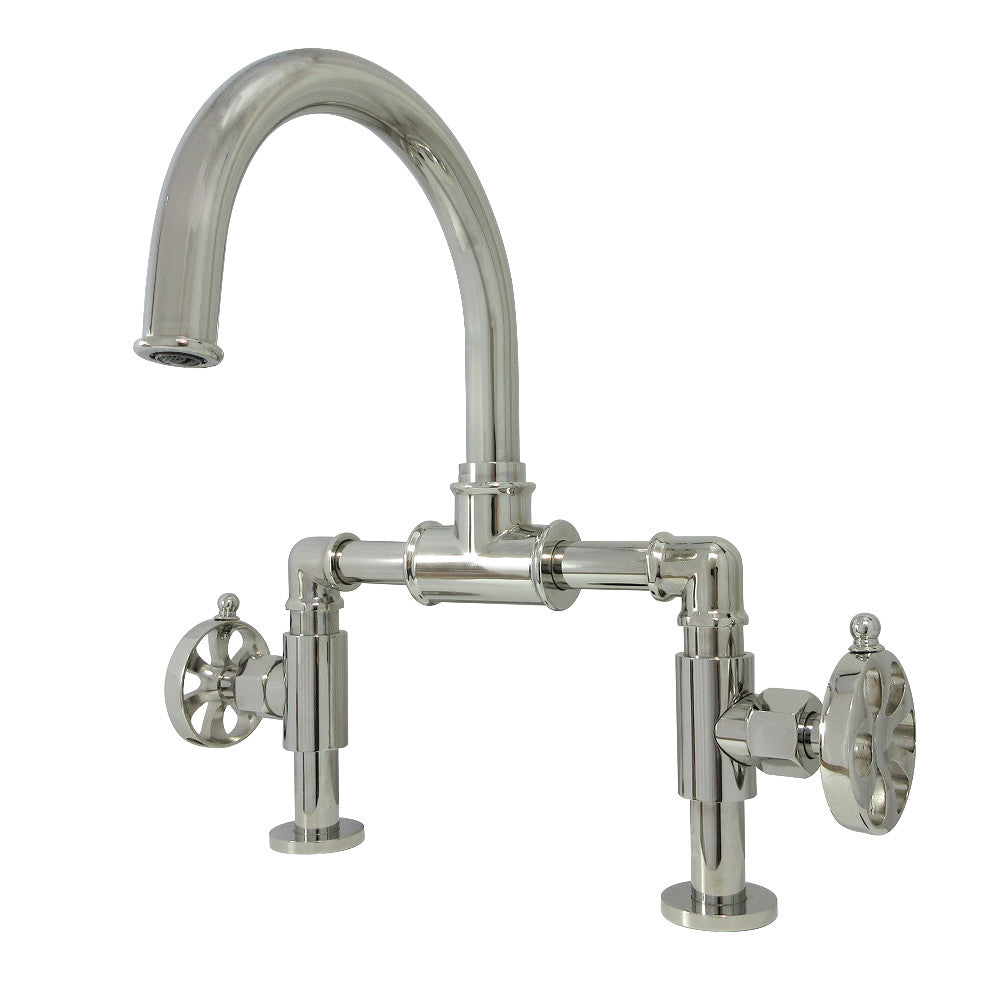 Kingston Brass KS217RXVN Belknap Industrial Style Wheel Handle Bridge Bathroom Faucet with Pop-Up Drain, Black Stainless