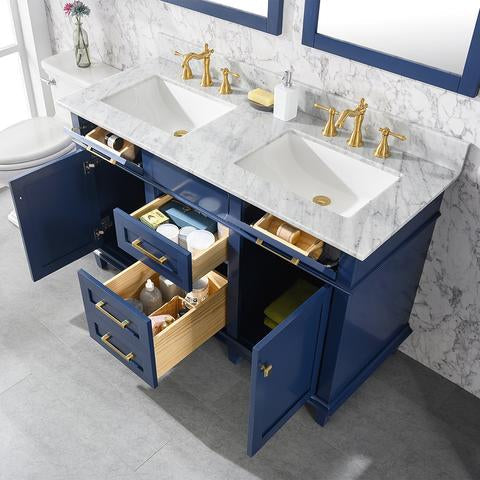 Legion Furniture 54" Blue Finish Double Sink Vanity Cabinet With Carrara White Top WLF2254-B