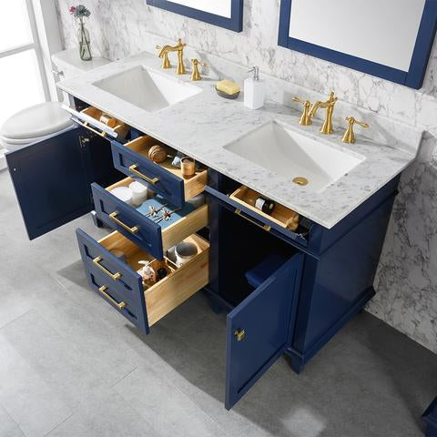 Legion Furniture 60" Blue Finish Double Sink Vanity Cabinet With Carrara White Top WLF2260DB