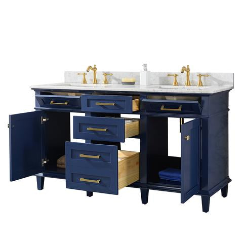 Legion Furniture 60" Blue Finish Double Sink Vanity Cabinet With Carrara White Top WLF2260DB