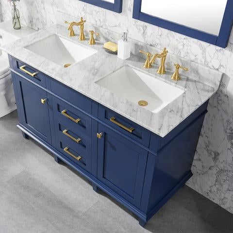 Legion Furniture 54" Blue Finish Double Sink Vanity Cabinet With Carrara White Top WLF2254-B