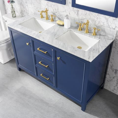 Legion Furniture 54" Blue Finish Double Sink Vanity Cabinet With Carrara White Top WLF2154-B