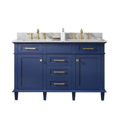 Legion Furniture 54" Blue Finish Double Sink Vanity Cabinet With Carrara White Top WLF2254-B