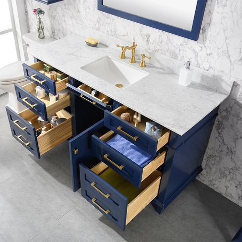 Legion Furniture 60" Blue Finish Single Sink Vanity Cabinet With Carrara White Top WLF2260S-B