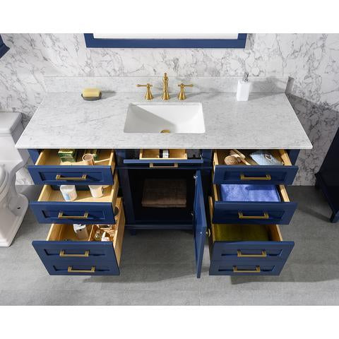 Legion Furniture 60" Blue Finish Single Sink Vanity Cabinet With Carrara White Top WLF2260S-B