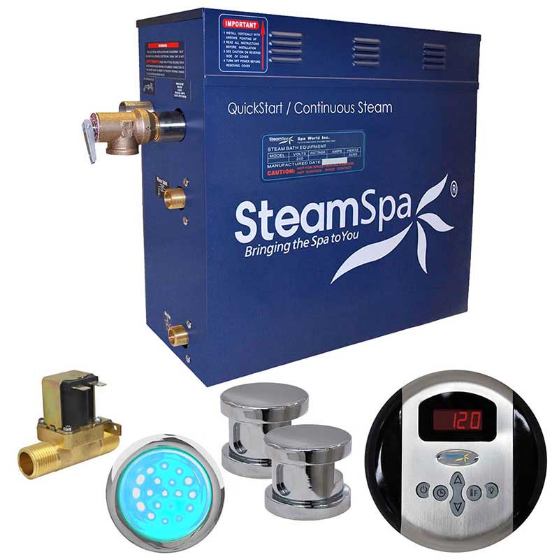 SteamSpa Indulgence 12 KW QuickStart Acu-Steam Bath Generator Package with Built-in Auto Drain in Polished Chrome