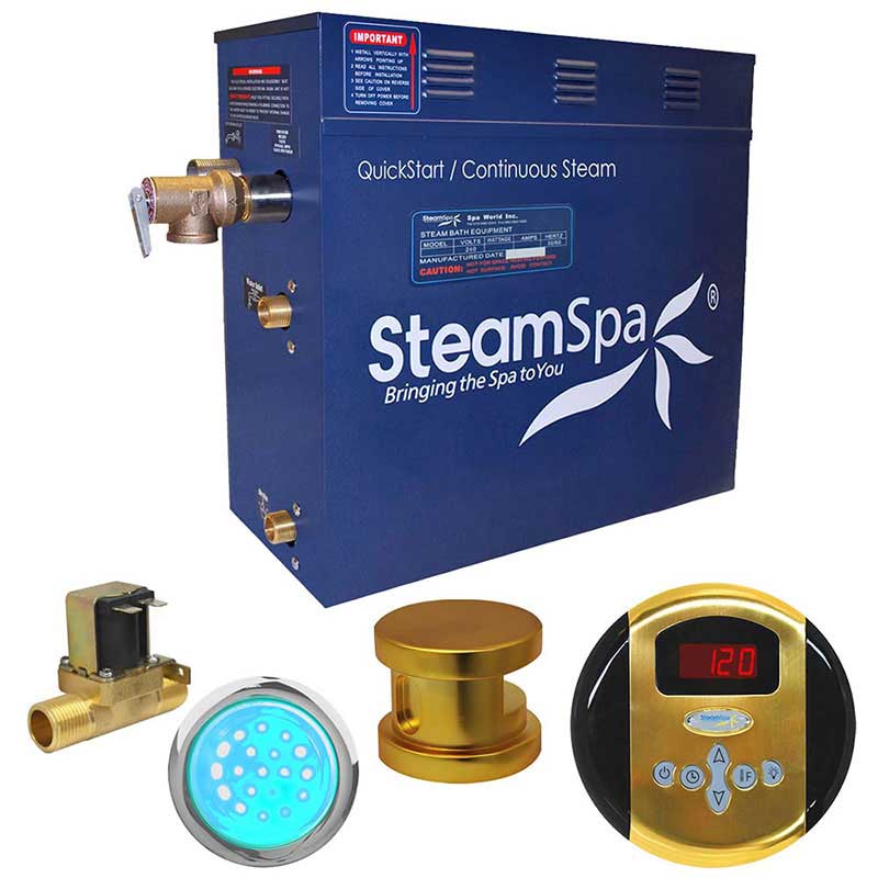 SteamSpa Indulgence 7.5 KW QuickStart Acu-Steam Bath Generator Package with Built-in Auto Drain in Polished Gold