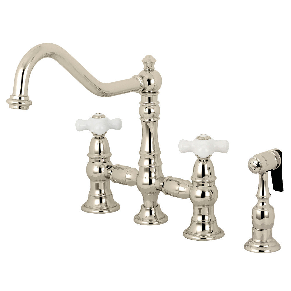 Kingston Brass KS3275PXBS Restoration 8" Bridge Kitchen Faucet with Sprayer, Oil Rubbed Bronze