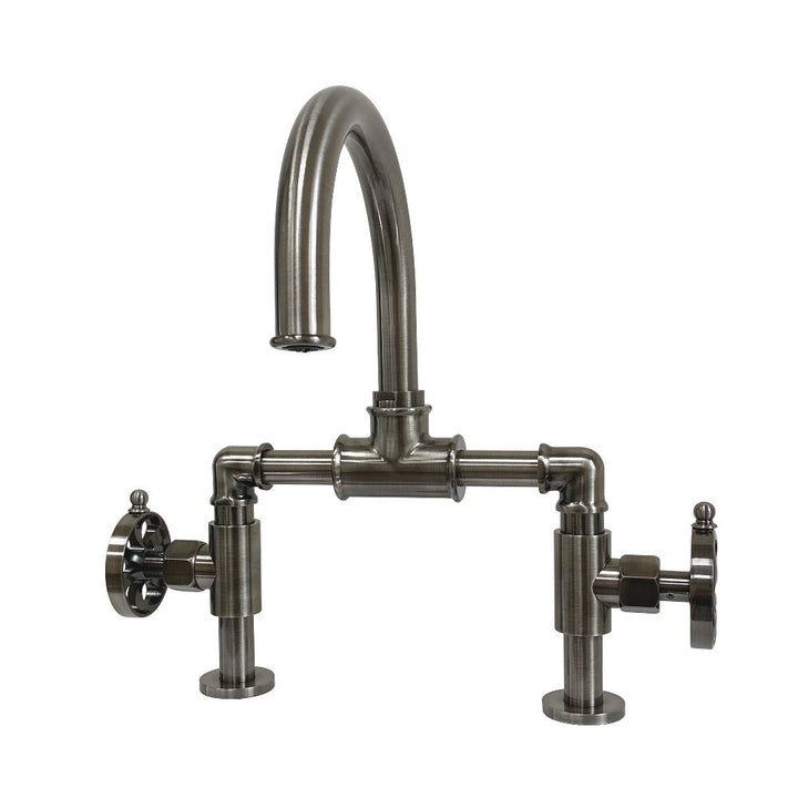 Kingston Brass KS217RXVN Belknap Industrial Style Wheel Handle Bridge Bathroom Faucet with Pop-Up Drain, Black Stainless