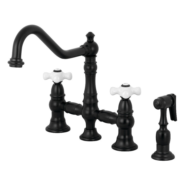 Kingston Brass KS3275PXBS Restoration 8" Bridge Kitchen Faucet with Sprayer, Oil Rubbed Bronze