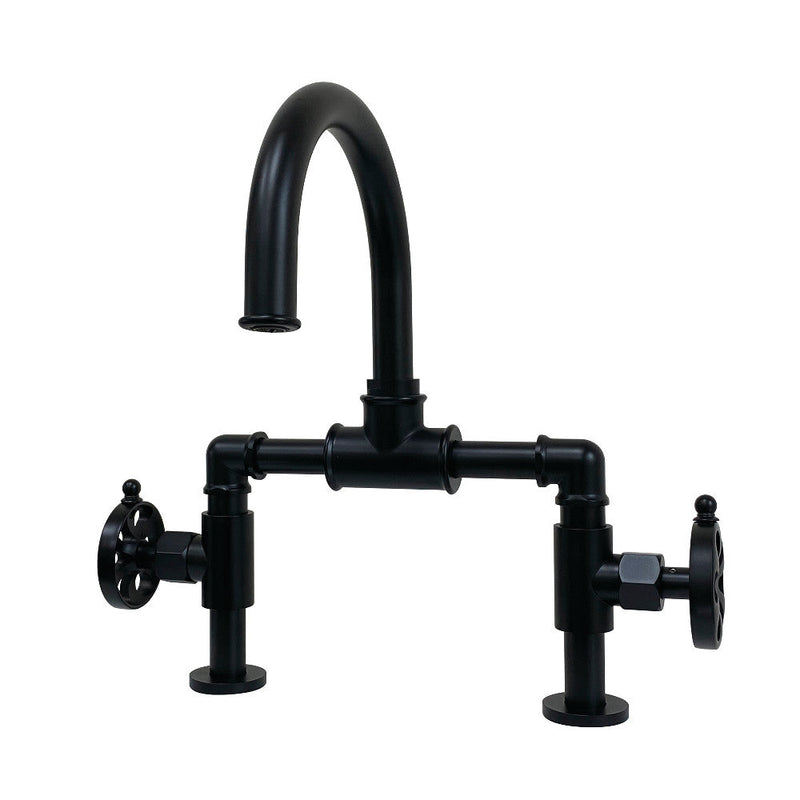 Kingston Brass KS217RXVN Belknap Industrial Style Wheel Handle Bridge Bathroom Faucet with Pop-Up Drain, Black Stainless