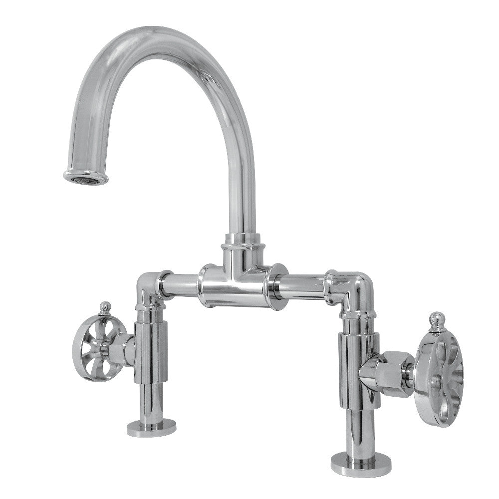 Kingston Brass KS217RXVN Belknap Industrial Style Wheel Handle Bridge Bathroom Faucet with Pop-Up Drain, Black Stainless