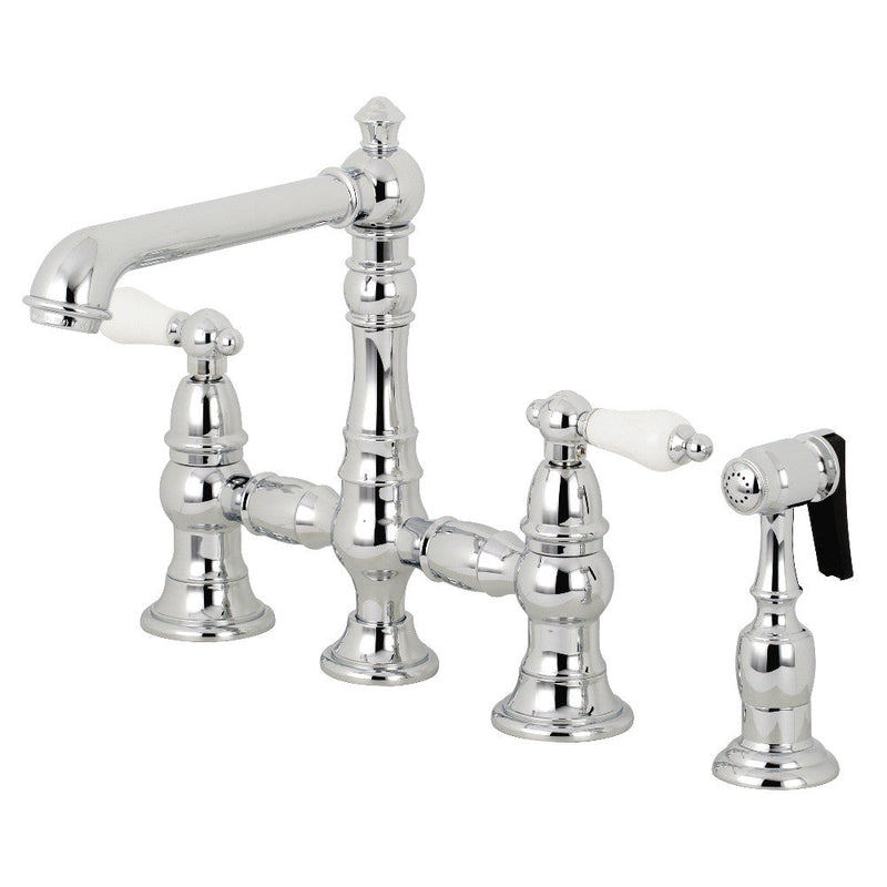 Kingston Brass KS7276PLBS English Country 8" Bridge Kitchen Faucet with Sprayer, Polished Nickel