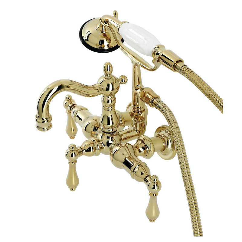 Kingston Brass CA1007T2 Heritage 3-3/8" Tub Wall Mount Clawfoot Tub Faucet with Hand Shower, Polished Brass