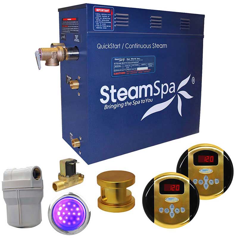 SteamSpa Royal 9 KW QuickStart Acu-Steam Bath Generator Package with Built-in Auto Drain in Polished Gold