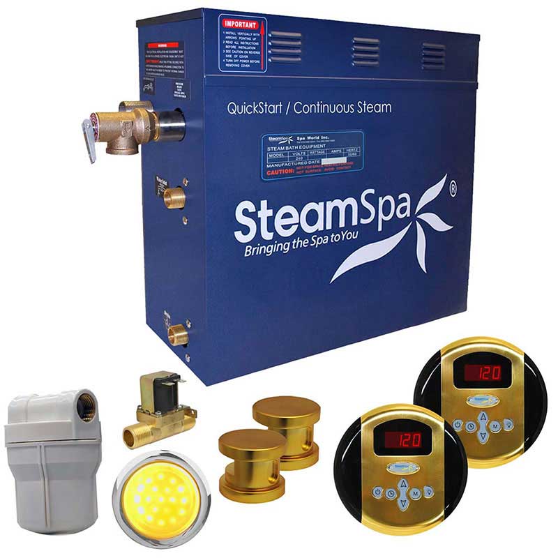 SteamSpa Royal 12 KW QuickStart Acu-Steam Bath Generator Package with Built-in Auto Drain in Polished Gold
