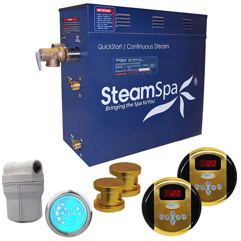 SteamSpa Royal 12 KW QuickStart Acu-Steam Bath Generator Package in Polished Gold