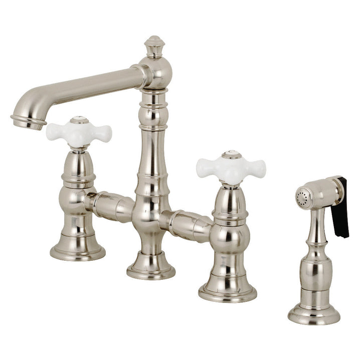 Kingston Brass KS7278PXBS English Country 8" Bridge Kitchen Faucet with Sprayer, Brushed Nickel