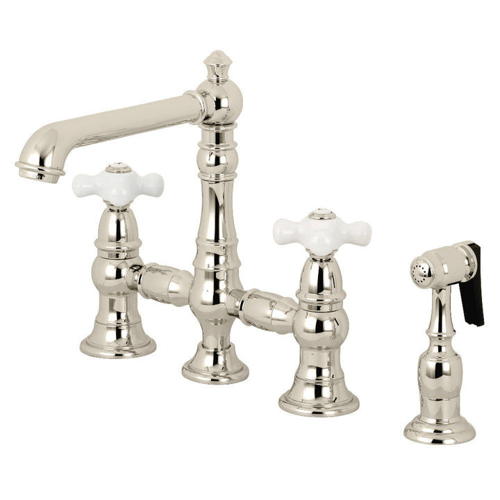 Kingston Brass KS7278PXBS English Country 8" Bridge Kitchen Faucet with Sprayer, Brushed Nickel