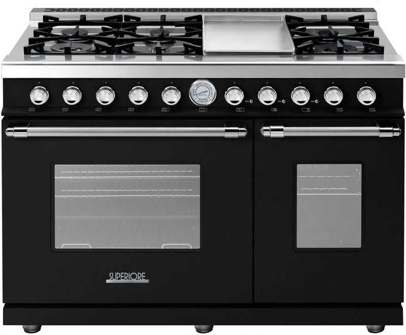 Superiore Deco 48" Gas Double Oven Freestanding Range in Black Matte with Chrome Trim (RD482GCN_C_)