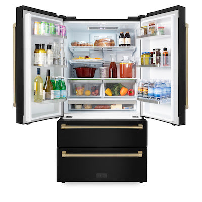 ZLINE 36" Autograph Edition 22.5 cu. ft Freestanding French Door Refrigerator with Ice Maker in Fingerprint Resistant Black Stainless Steel with Accents (RFMZ-36-BS)