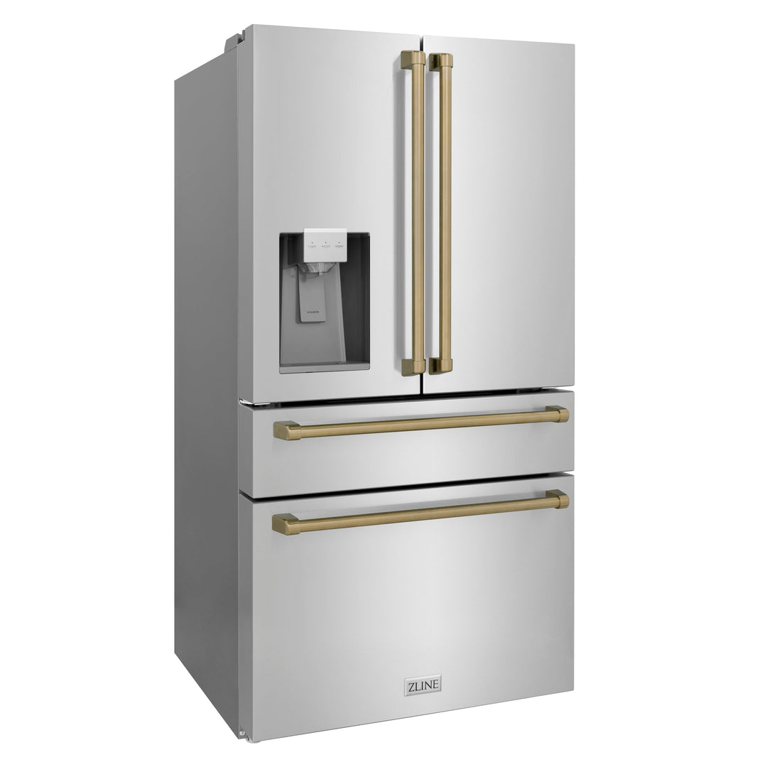 ZLINE 36" Autograph Edition 21.6 cu. ft Freestanding French Door Refrigerator with Water and Ice Dispenser in Fingerprint Resistant Stainless Steel with Accents (RFMZ-W-36)