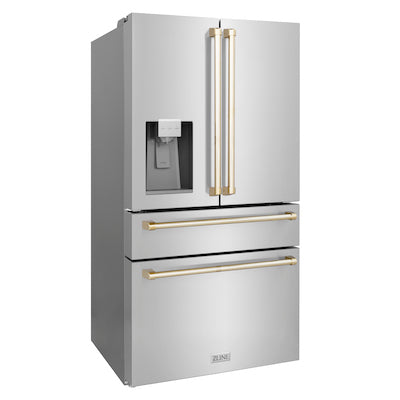 ZLINE 36" Autograph Edition 21.6 cu. ft Freestanding French Door Refrigerator with Water and Ice Dispenser in Fingerprint Resistant Stainless Steel with Accents (RFMZ-W-36)