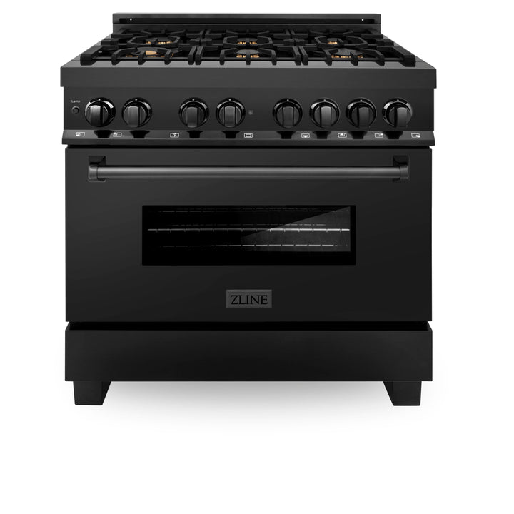 ZLINE 36" 4.6 cu. ft. Dual Fuel Range with Gas Stove and Electric Oven in Black Stainless Steel with Brass Burners (RAB-BR-36)