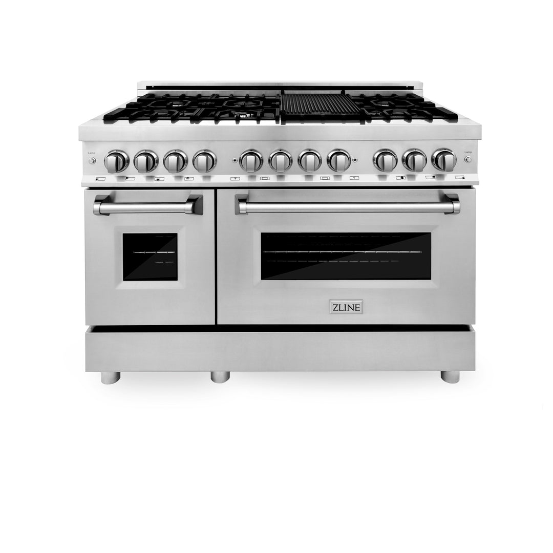 ZLINE 48" Kitchen Package with Stainless Steel Dual Fuel Range, Range Hood, Microwave Drawer and Tall Tub Dishwasher (4KP-RARH48-MWDWV)