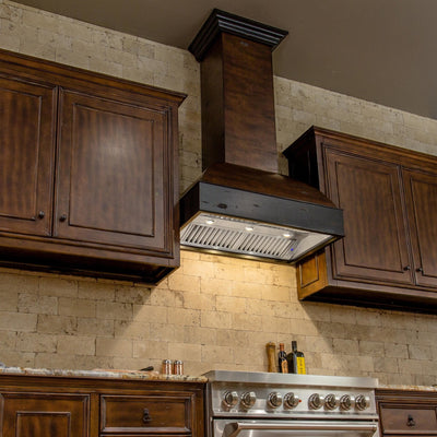 ZLINE 36" Wooden Wall Mount Range Hood in Antigua and Walnut - Includes Dual Remote Motor (369AW-RD-36)
