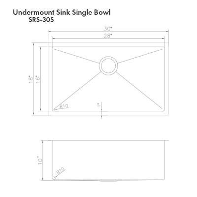 ZLINE 30" Meribel Undermount Single Bowl Kitchen Sink with Bottom Grid (SRS-30)